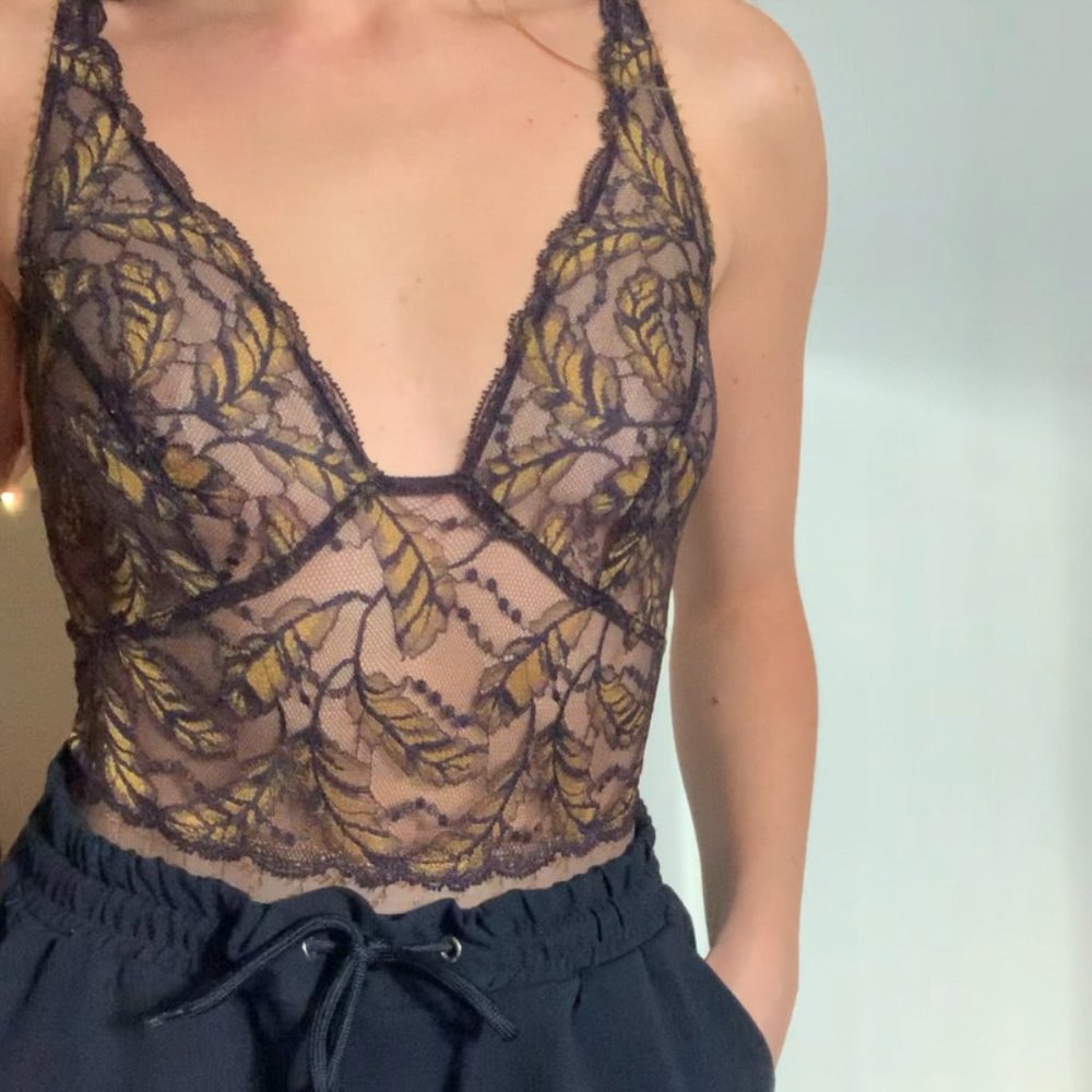 Navy and Gold French Lace Lingerie Bodysuit with Adjustable Straps